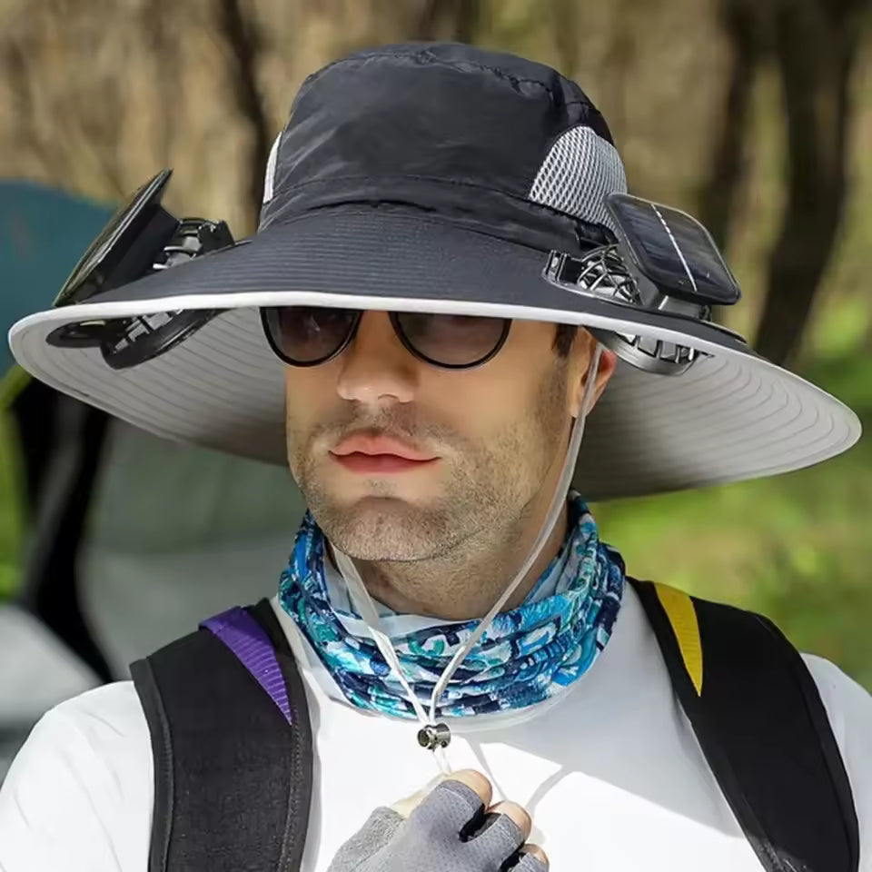 Solar Powered Cooling Fan Bucket Hat - Wide Brim Sun Hat for Outdoors