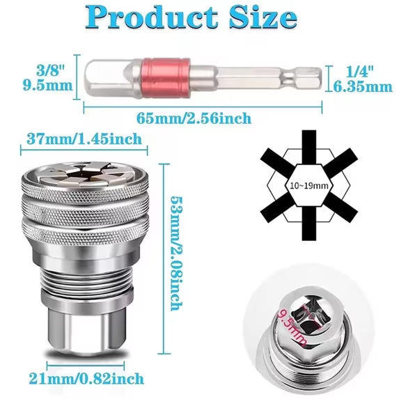 Universal Adjustable Socket Wrench Tool - 10-19mm with Power Drill Adapter