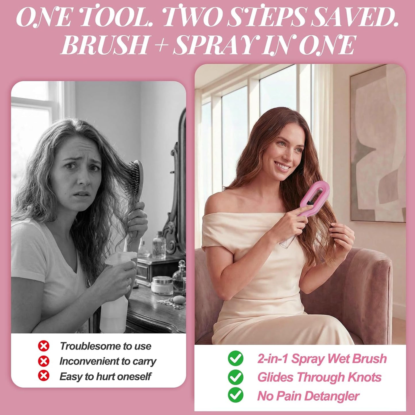 2-in-1 Water Spray Hair Brush - Detangling Mist Brush for Wet & Dry Hair