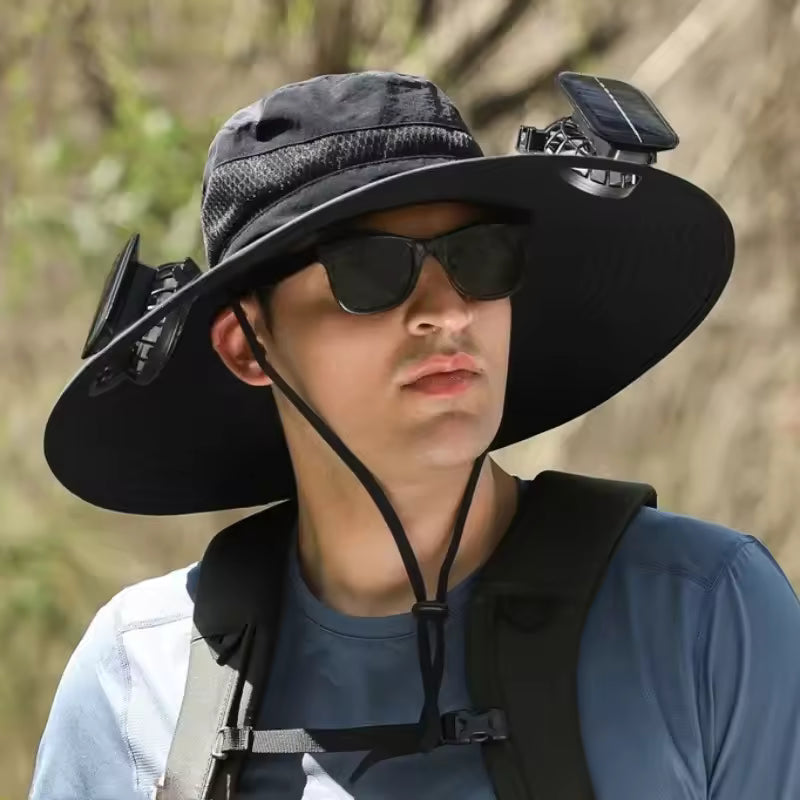 Solar Powered Cooling Fan Bucket Hat - Wide Brim Sun Hat for Outdoors
