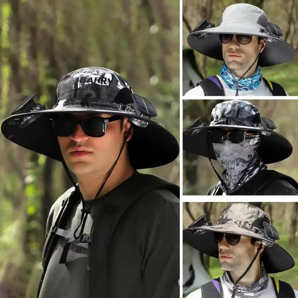 Solar Powered Cooling Fan Bucket Hat - Wide Brim Sun Hat for Outdoors